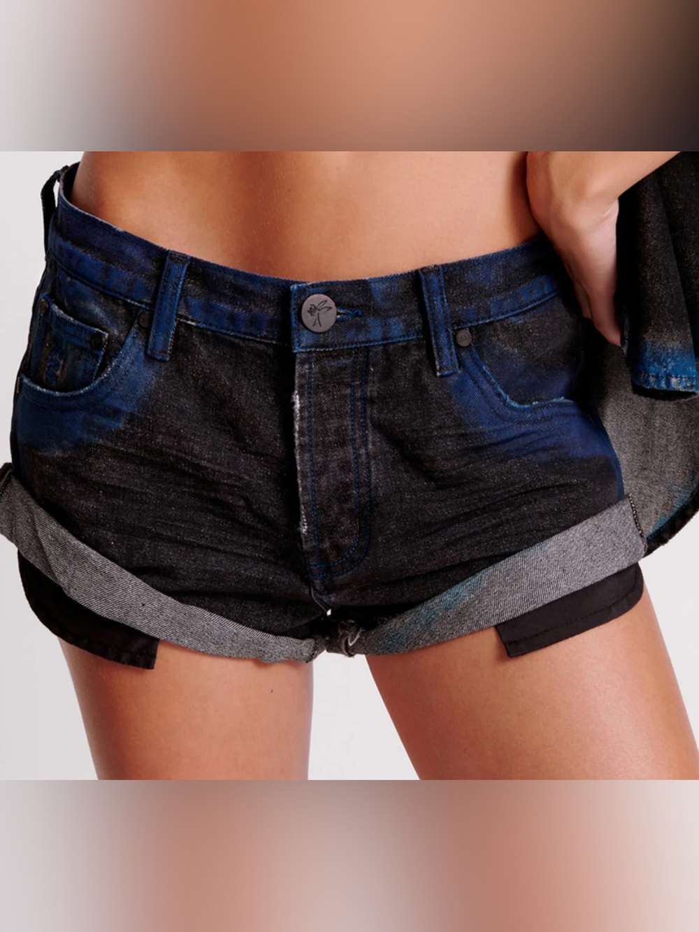 One Teaspoon Black and Blue Denim Cuffed Women's Shorts